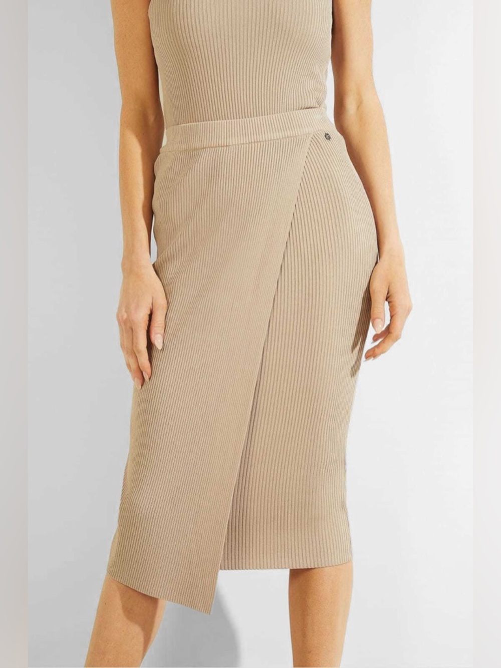 GUESS Yvette Sweater Ribbed Wrap-Front Midi Skirt in Beige - size LARGE